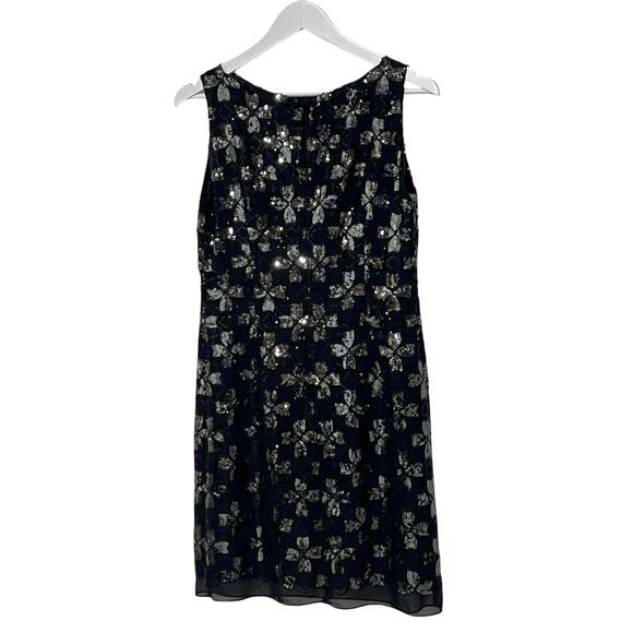 Original Milly of New York Size 8 Floral Black Silver Sequined Shift Mini Dress - Picture 2 of 11